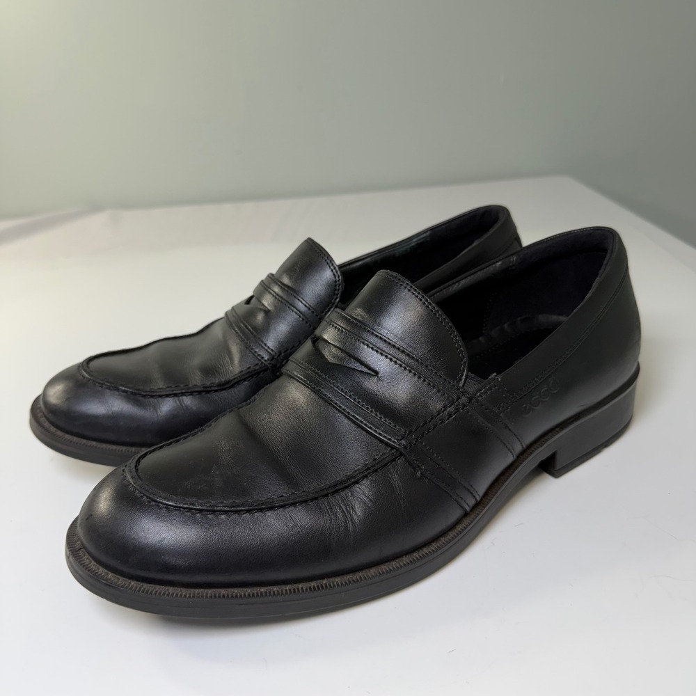 ECCO Mens Black Leather Penny Loafers Shock Point Slip On Dress Shoes Size 42